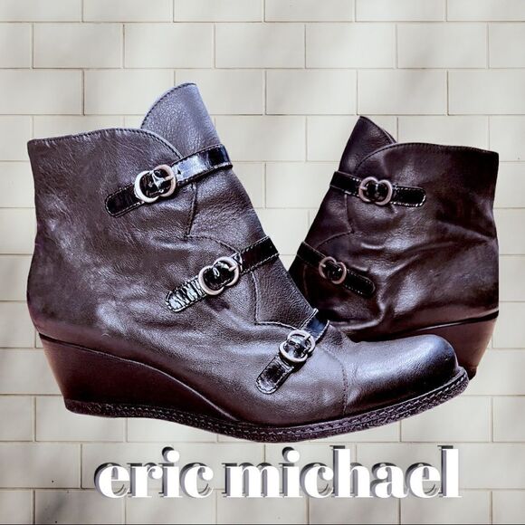 Eric Michael Womens 11.5Lena Black Leather Buckle Strap Wedge Heel Ankle Boot 42 - Picture 1 of 7